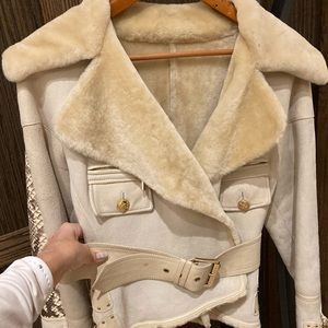 Versace Runway beige shearling and snakeskin coat. Brass Versace hardware
